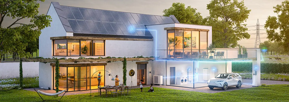 Ein Haus in dem die Vernetzung einzelner Komponenten durch den Sma Wechselrichter gesteuert werden
