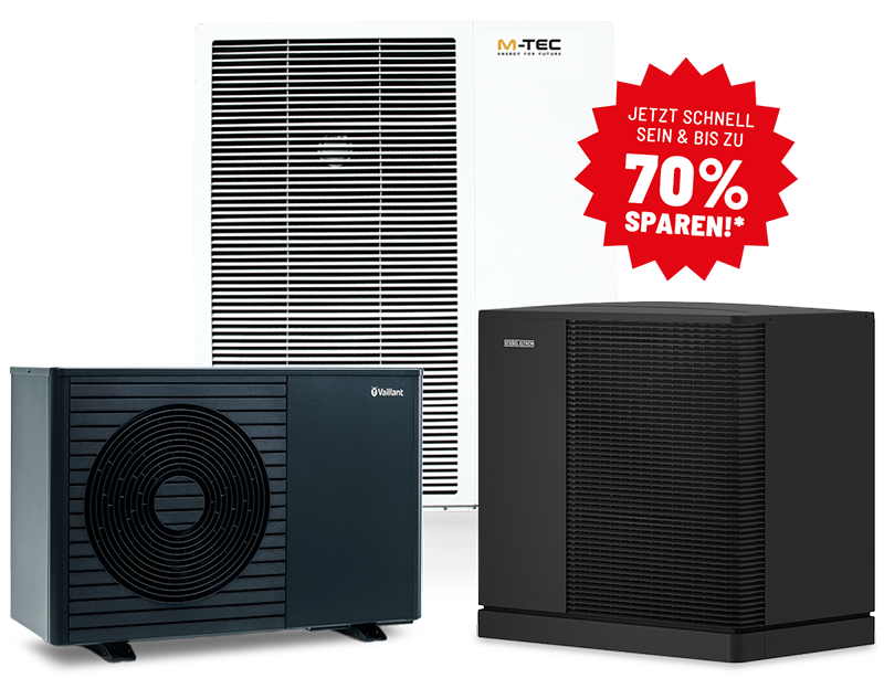 Ein weiße hohe Wärmepumpe von M-TEC und zwei kleinere schwarze Wärmepumpen von Vaillant und Stiebel Eltron stehen vor transparentem Hintergrund. In der rechten oberen Ecke befindet sich ein roter Störer mit dem Text "Jetzt schnell sein & bis zu 70% sparen".