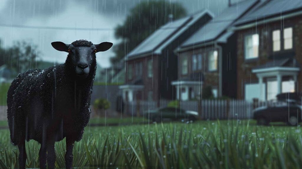 Ein schwarzes Schaf steht im Garten eines Hauses mit Photovoltaikanlage. Es regnet sehr stark.