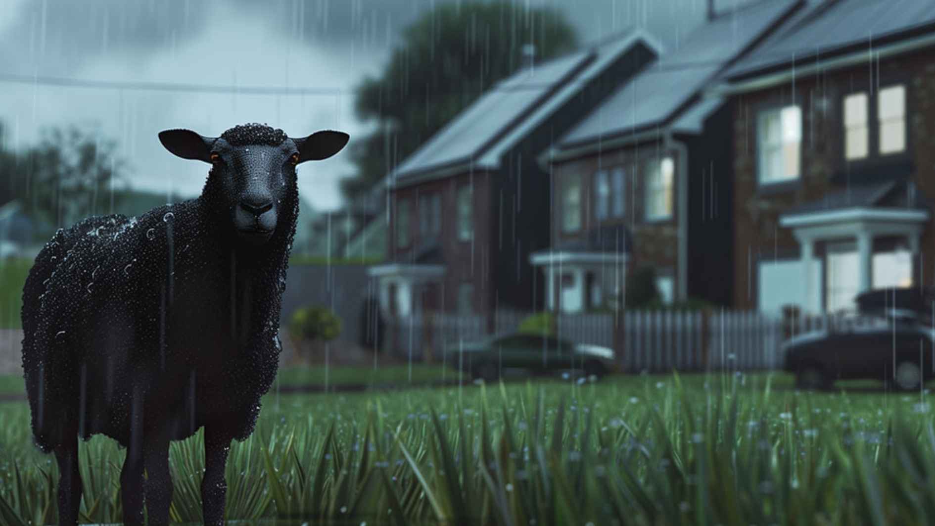 Ein schwarzes Schaf steht im Garten eines Hauses mit Photovoltaikanlage. Es regnet sehr stark.