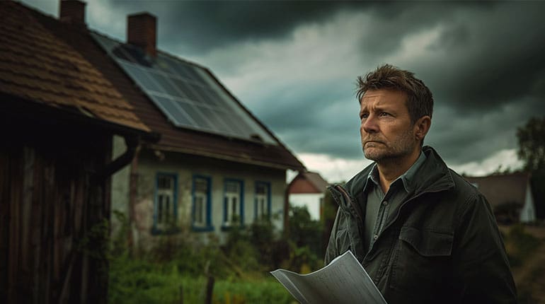 Ein Mann steht in dem Garten von seinem Haus und hält bei unzufriedenen Gesichtsausdruck ein Blatt in der Hand. Auf dem Haus ist eine Photovoltaikanlage auf dem Dach. Das Wetter ist ist sehr stürmisch.