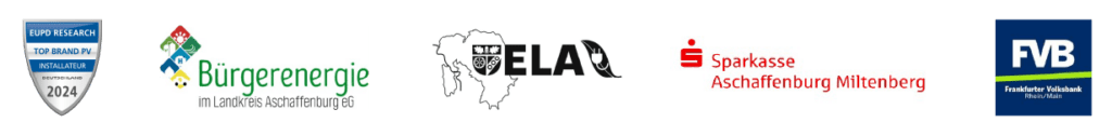 Eine Grafik mit Logos verschiedener Partner und Auszeichnungen von Enerix Spessart. Zu sehen sind das EUPD Research Top Brand PV Installateur Deutschland 2024-Siegel, das Logo der Bürgerenergie im Landkreis Aschaffenburg eG, das Logo des Energiewerk Landkreis Aschaffenburg, das Logo der Sparkasse Aschaffenburg Miltenberg sowie das Logo der Frankfurter Volksbank Rhein/Main