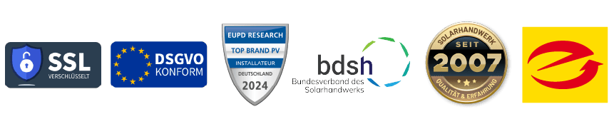 enerix Siegel Auszeichnungen SSL verschlüsselt, DSGVO-konform, EUPD Top Installateur 2024, Solarhandwerk seit 2007, Elektromeister-Betrieb, BDSH