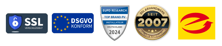 enerix Siegel Auszeichnungen SSL verschlüsselt, DSGVO-konform, EUPD Top Installateur 2024, Solarhandwerk seit 2007, Elektromeister-Betrieb