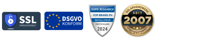 Sieenerix Siegel Auszeichnungen SSL verschlüsselt, DSGVO-konform, EUPD Top Installateur 2024, Solarhandwerk seit 2007,
