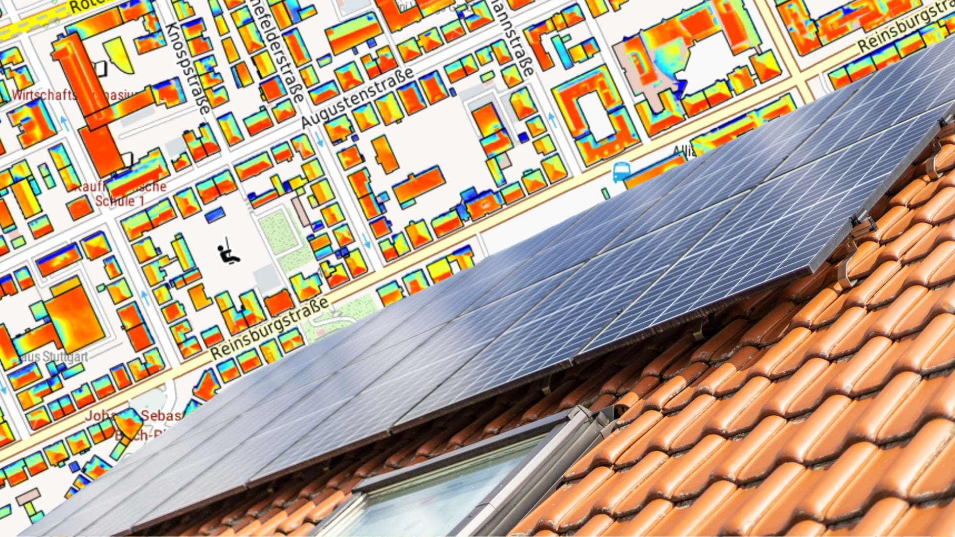 Eine Photovoltaikanlage auf einem Hausdach und eine Grafik für Sonneneinstrahlung auf verschiedenen Hausdächern.