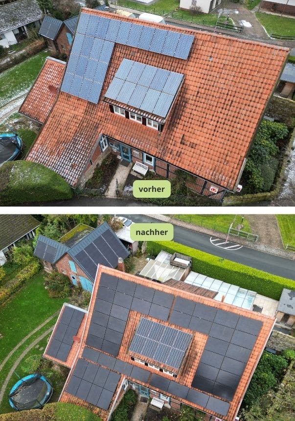 Ein Vergleich von einem Haus zwischen vor und nach dem Repowering von neuen bzw. mehr Photovoltaikmodulen auf dem Dach.