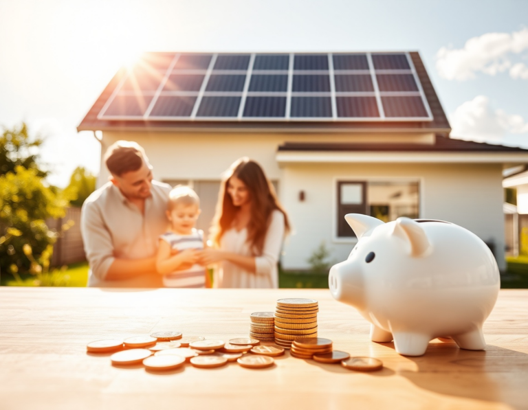 Ein Sparschwein mit Geld und einer glücklichen Familie im Hintergrund. Dahinter steht ein Haus mit Photovoltaikanlage.