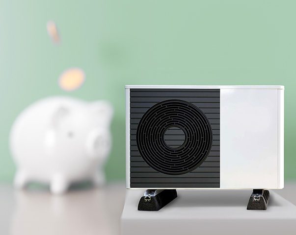 Ein Wärmepumpenmodel steht im Vordergrund vor einem kleinen Sparschwein.