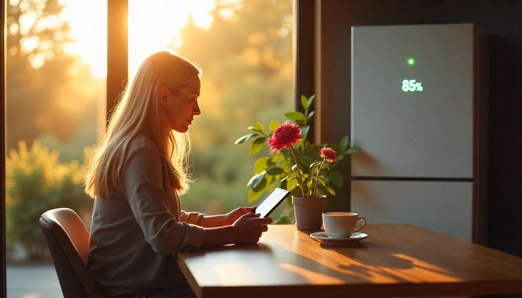 Stromspeicher steht in einem Wohnzimmer hinter dem Esstisch. Eine Frau sitzt an diesem Tisch und schaut auf ihr Tablet.