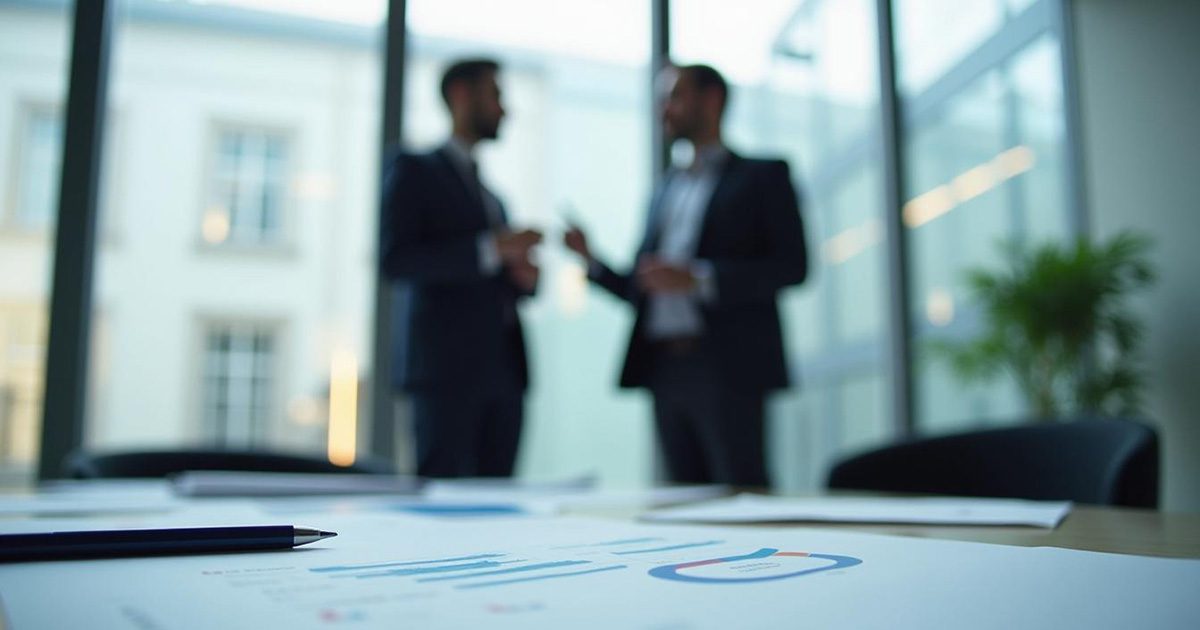 Zwei Geschäftsleute besprechen etwas in einem Besprechungsraum mit großen Fenstern. Auf dem Tisch liegen verschiedene Dokumente.