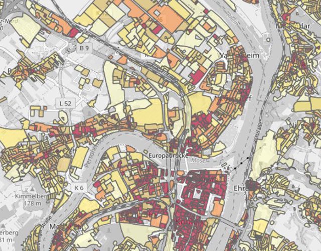 Eine Karte mit dem Solarkataster von Koblenz