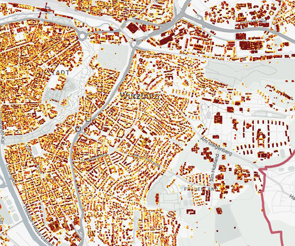 Eine Karte mit dem Solarkataster von Würzburg