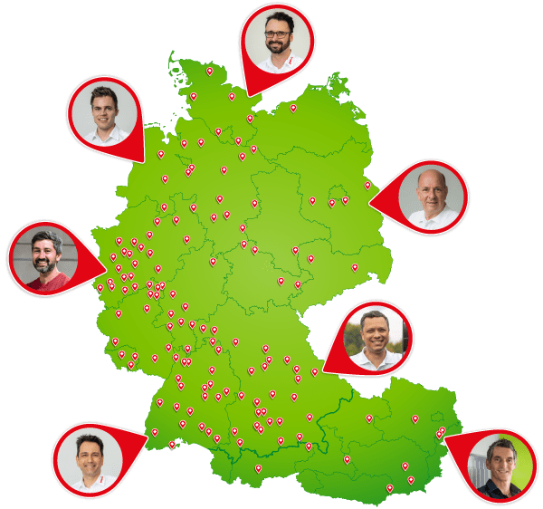 Eine Deutschlandkarte mit markierten enerix Standorten. Einige Standorte sind mit Bildern der Berater versehen.