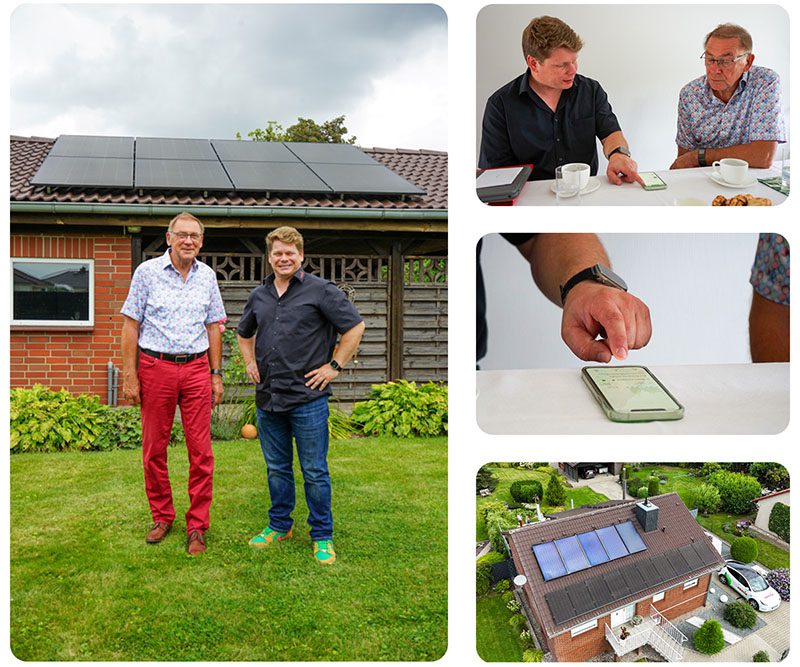 Eine Collage von vier Bildern. Auf dem ersten Bild ist ein lachender Kunde und ein Fachberater vor seinem Haus mit Photovoltaikanlage zu sehen. Auf dem zweiten Bild erklärt der Fachberater dem Kunden etwas auf einem Hand. Auf dem dritten Bild sieht man das Handy in Nahaufnahme. Auf dem vierten Bild ist ein Luftbild des Hauses zu sehen.