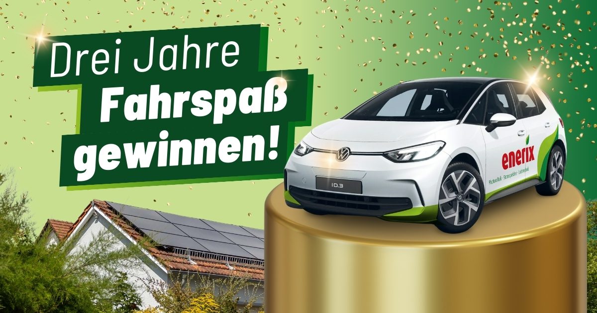 Ein VW ID3 auf einem Podest. Im Vordergrund ein Schriftzug "Drei Jahre Fahrspaß gewinnen"