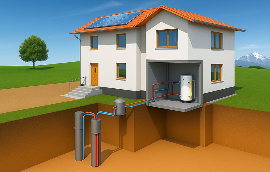 3D-Schnittzeichnung eines Hauses mit Erdwärmepumpe und vertikalen Erdsonden – Tiefenbohrungen zur Wärmenutzung, Technikraum mit Wärmespeicher.