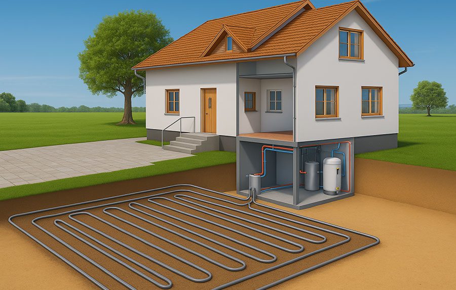 3D-Modell eines Hauses mit Erdwärmepumpe und horizontalem Flächenkollektor – Soleleitungen im Erdreich, Wärmepumpe und Speicher im Technikraum sichtbar.