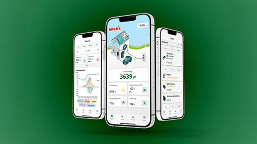 Drei Smartphones zeigen Einblicke in den Energiemanager enerixControl