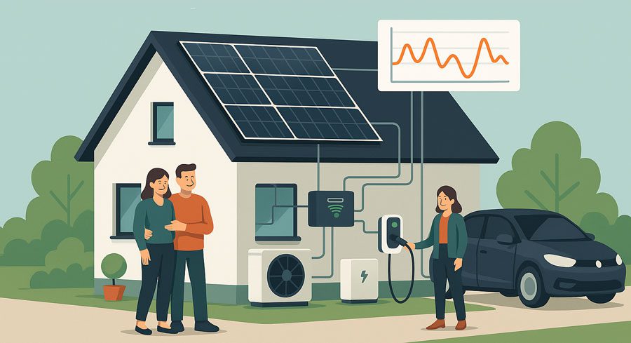 Steuerbare Verbrauchseinrichtungen anhand von einem Haus mit Wärmepumpe PV Anlage und einem E-Auto symbolisiert