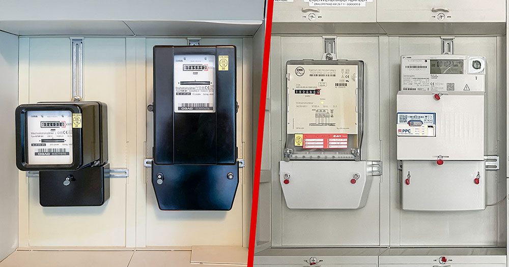 Alte Ferraris-Stromzähler links und moderne digitale Smart Meter rechts im direkten Vergleich.