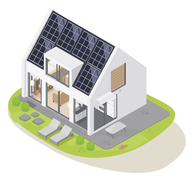 Modernes Einfamilienhaus mit vollständig installierter Photovoltaikanlage auf dem Dach, dargestellt in isometrischer Ansicht.