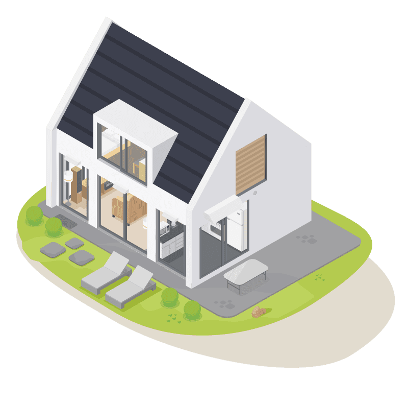Modernes Einfamilienhaus mit unbebautem Dach, ohne Photovoltaikanlage, dargestellt in isometrischer Ansicht.