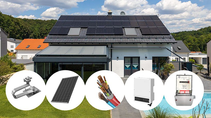 in Einfamilienhaus mit Solaranlage und den wichtigsten PV-Komponenten wie Dachhaken, Modul, Kabel, Wechselrichter und Stromzähler.