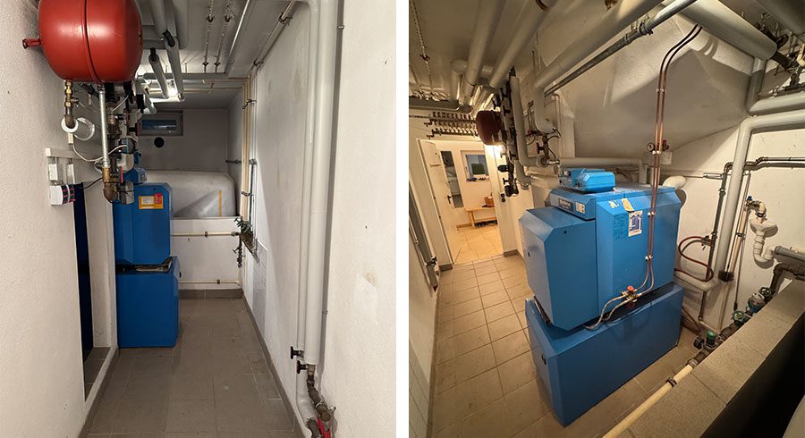 Eine Buderus Ölheizung in einem Kellerraum von der Seite und von Vorne