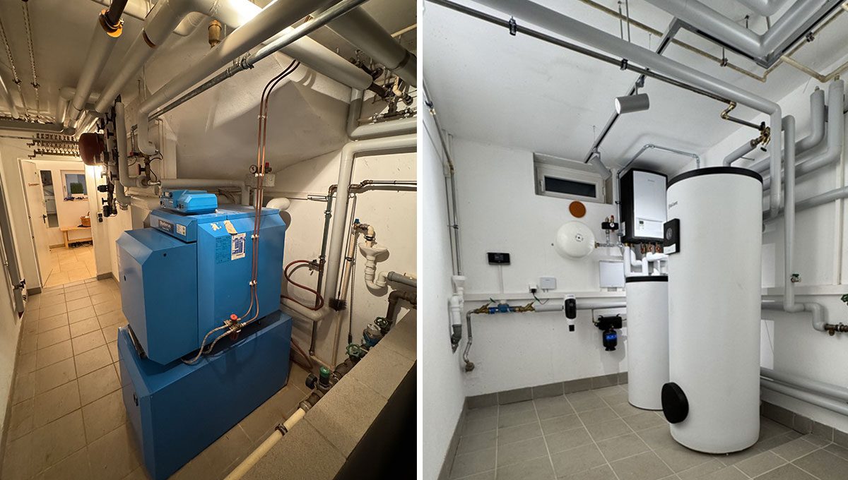 Ein Vorher Nachher Bild eines Kellers mit Ölheizung und jetzt einer Wärmepumpe