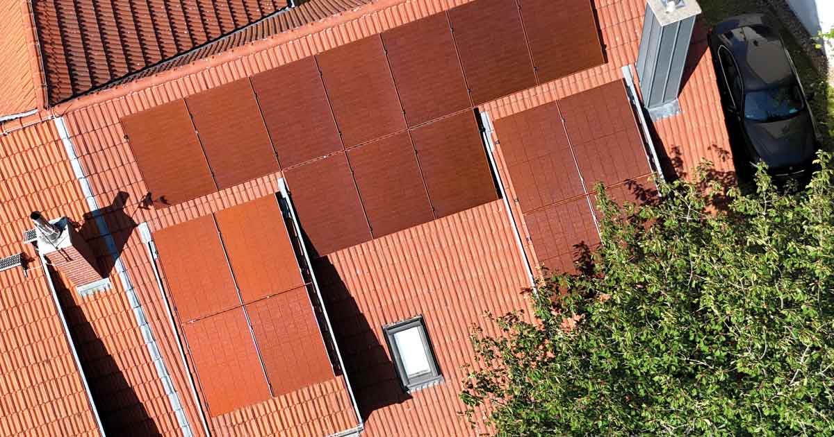 Ein Baum wirft einen Schatten auf eine PV Anlage auf einem Dach.