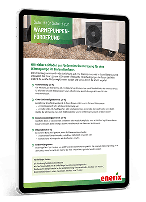 Mockup eines Tablets auf dem der kostenlose Leitfaden zur Wärmepumpenförderung zu sehen ist.
