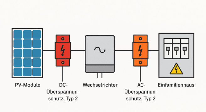 Vereinfachter Schaltplan der die Einbindung von AC und DC SPDs zeigt 1