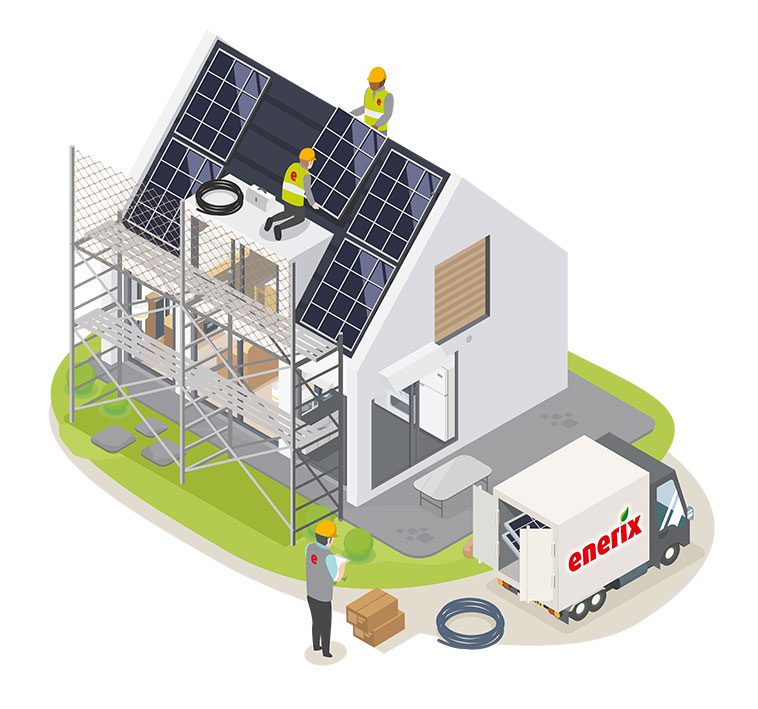 Isometrische Illustration: enerix-Team installiert Photovoltaikmodule auf einem Einfamilienhaus – mit Gerüst, Kabelrollen, Materialkisten und Montagefahrzeug vor dem Haus.