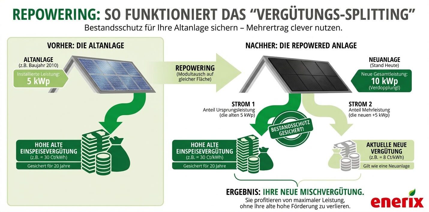 Eine Infografik die das Vergütungssplitting bei Photovoltaik Repowering erklärt.