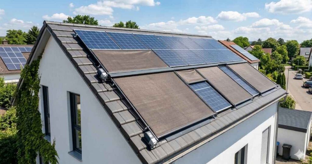 Einfamilienhuas mit Photovoltaik und Abdeckungen über den Solarmodulen.