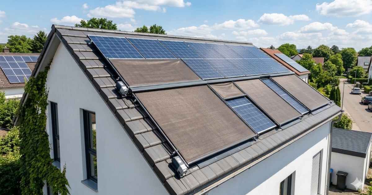 Einfamilienhuas mit Photovoltaik und Abdeckungen über den Solarmodulen.