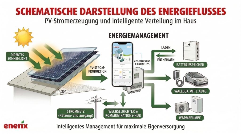 Schematische Darstellung des Energieflusses: PV-Module erzeugen Strom, das Energiemanagementsystem verteilt ihn an Wärmepumpe, Batteriespeicher und Netz
