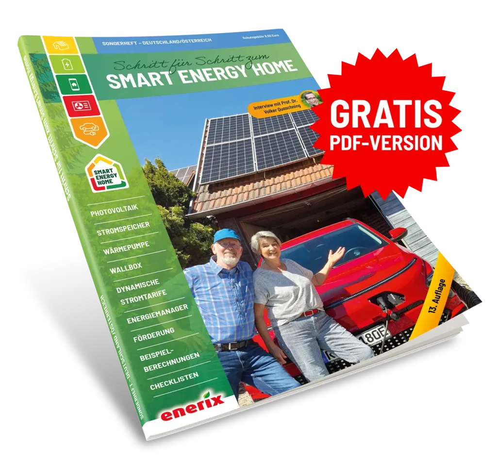 Mockup eines Sonderhefts „Schritt für Schritt zum Smart Energy Home" von enerix (13. Auflage). Auf dem Cover ein älteres Paar vor einem Haus mit Photovoltaikanlage auf dem Dach und einem roten Auto in der Garage, das an einer Wallbox lädt. Am linken Rand eine Themenliste: Photovoltaik, Stromspeicher, Wärmepumpe, Wallbox, Dynamische Stromtarife, Energiemanager, Förderung, Beispielberechnungen, Checklisten. Oben rechts ein Hinweis auf ein Interview mit Prof. Dr. Volker Quaschning.